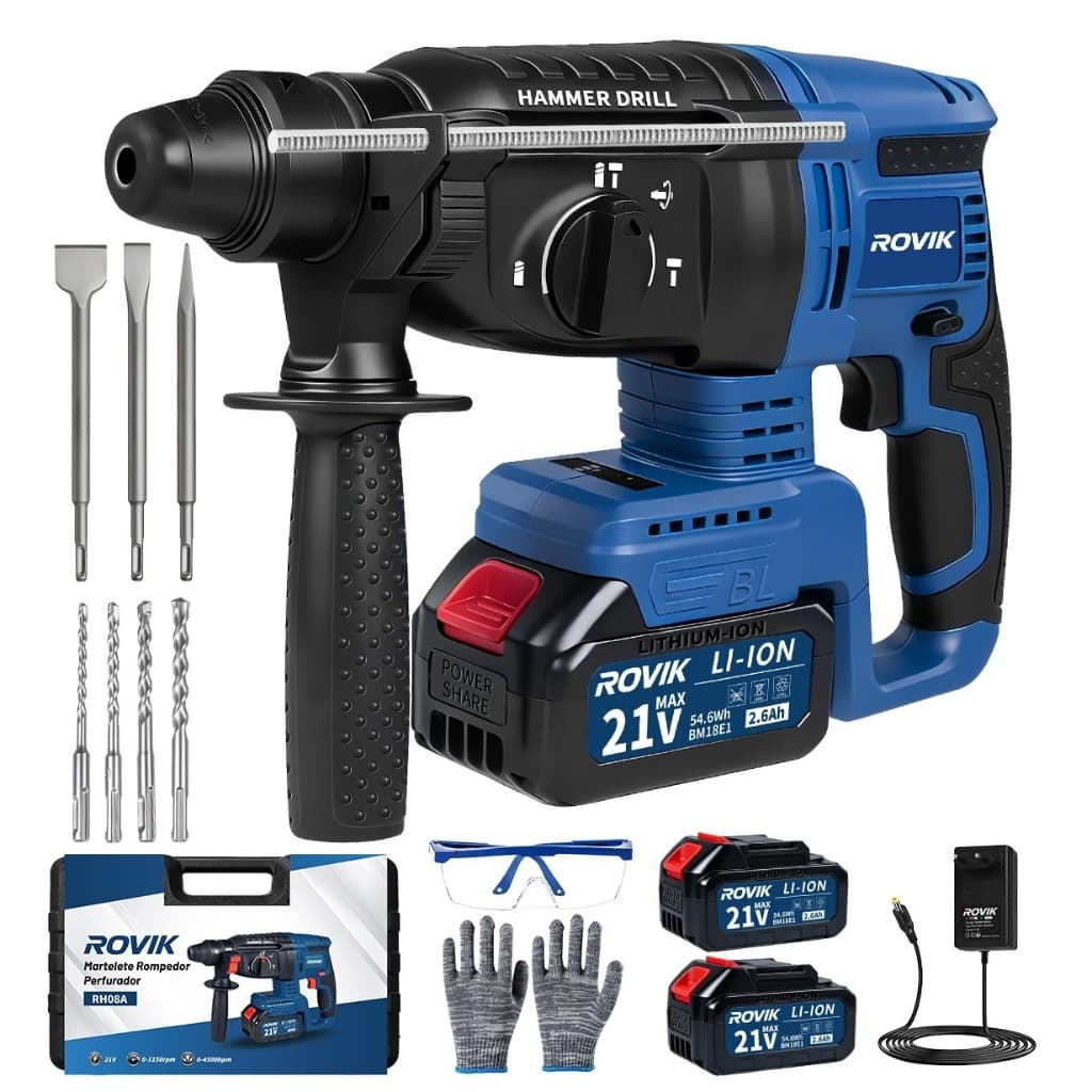 ROVIK Martelete Perfurador 21V Íon-Lítio Sem Fio Brushless 4 Funções 0-5300Impactos/min 2 Baterias com Maleta