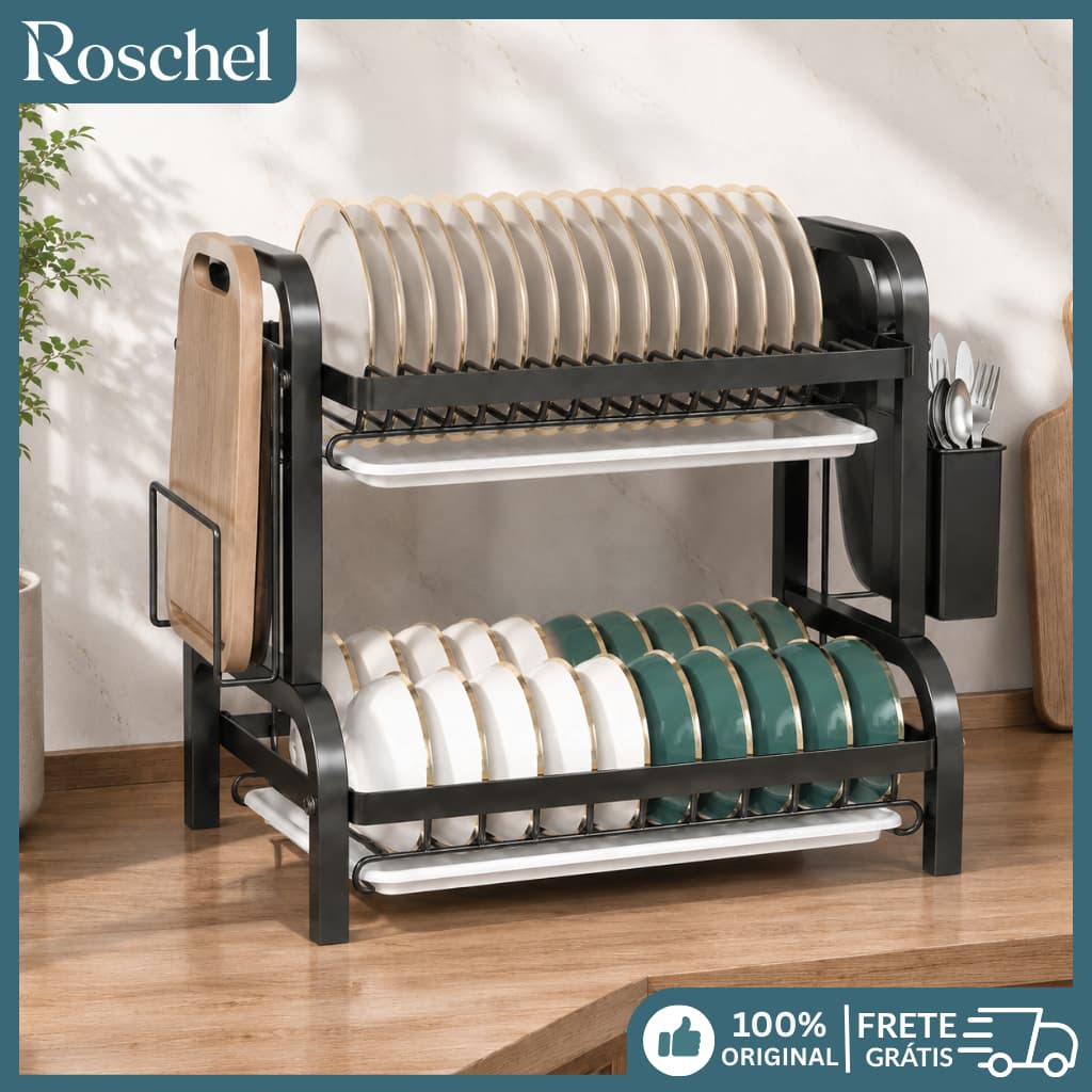 Escorredor Organizador de Louças 2 andar Preto Aço Inox Rack Moderno Com Porta Talher e Bandeja