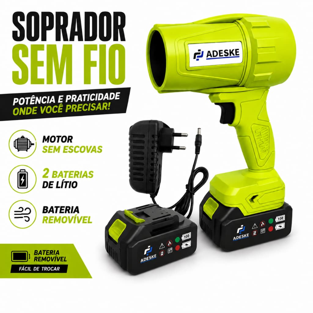 Soprador Sem Fio Motor Sem Escovas 2 Baterias de Lítio Removíveis Portátil Velocidade Ajustável Multiuso Jardim Oficina