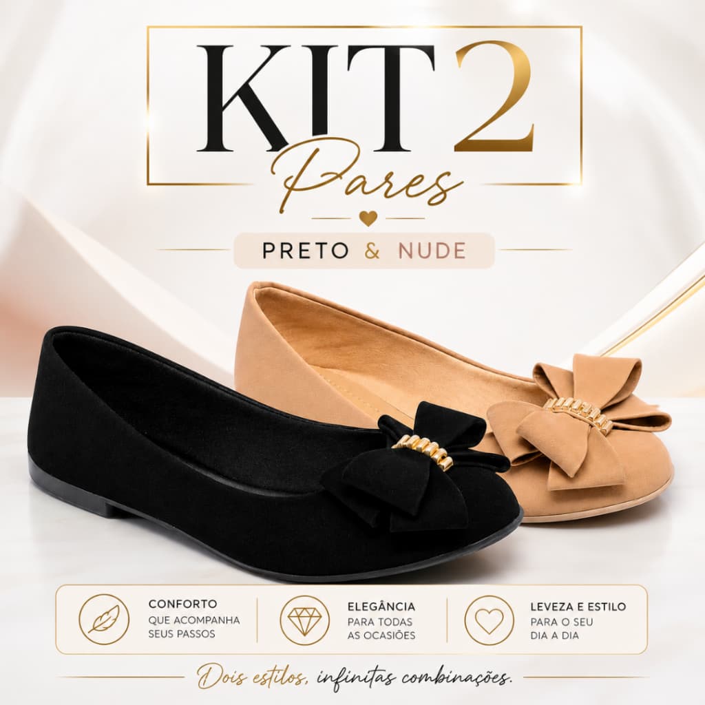 Kit 2 Pares Sapatilha Feminina Preto e Nude com Laço Confortável Casual Sapato Bico Redondo Macio