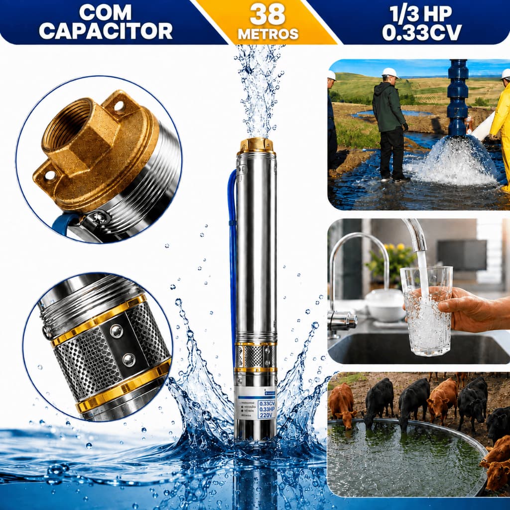 Bomba Submersa Caneta Poço Artesiano 0.33CV Mono 2F 220V 1/3HP 3" Cacimba Moto Bomba Irrigação