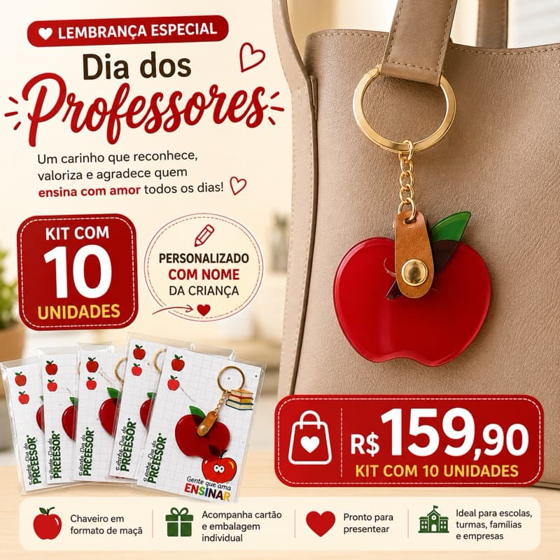 Kit 10 Chaveiros Maçã Personalizados Dia dos Professores – Lembrancinha com Nome da Criança