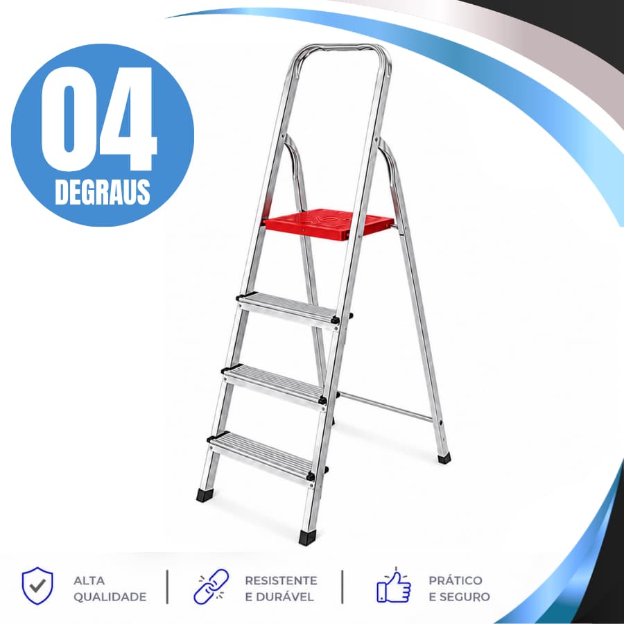 Escada 4 Degraus De Alumínio Resistente Reforçada Versátil Multiuso 120kg