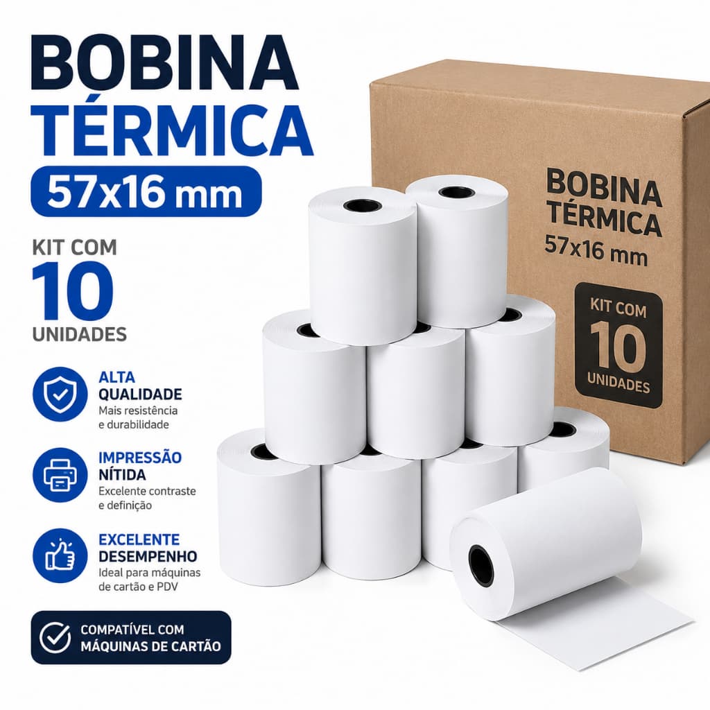 Kit 10 Bobinas 57x16m Ideal para Mercado Farmácia Restaurante Loja Comércio Papel Térmico