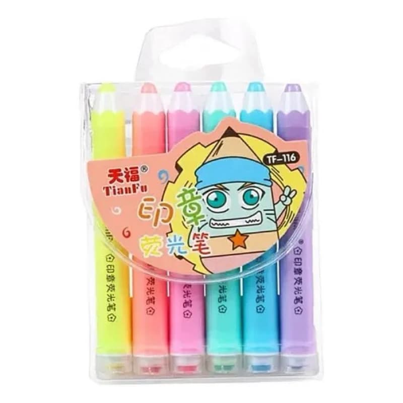 Kit 6 Marca-Textos Pastel Fluorescente Formato Lápis – Caneta Marca-Texto Material Escolar Kawaii