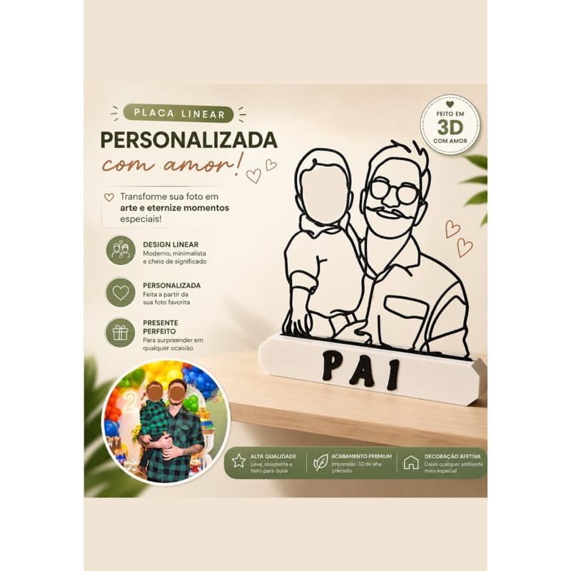 Placa Linear Personalizada com Foto | Arte em Linha 3D | Presente Especial e Decoração Afetiva