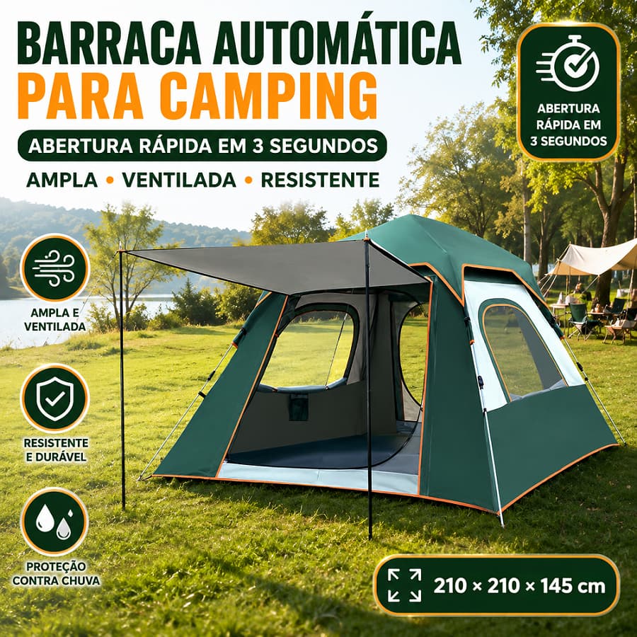 Barraca Automática 4 Pessoas 210x210x145cm Impermeável com Proteção UV – Ideal para Praia e Camping