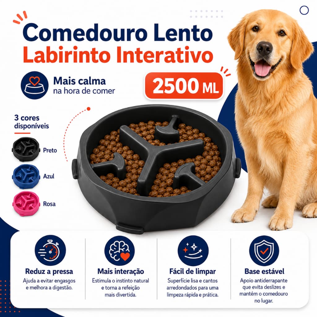 Comedouro Lento Educativo Interativo para Cachorro Anti Engasgo Labirinto Pote Ração 2500 ml Petliz