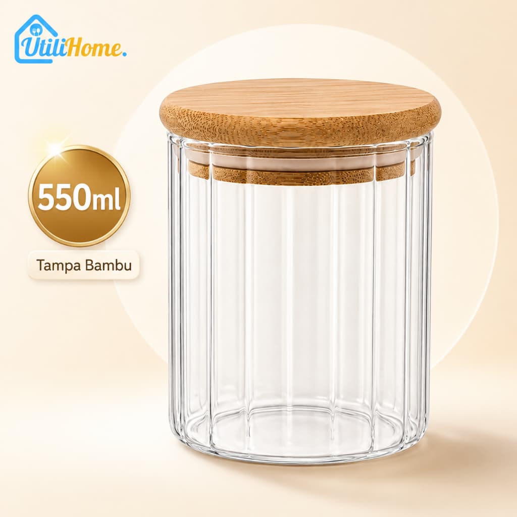 Pote de Vidro Hermético 550ml Canelado Tampa Bambu Porta Mantimentos
