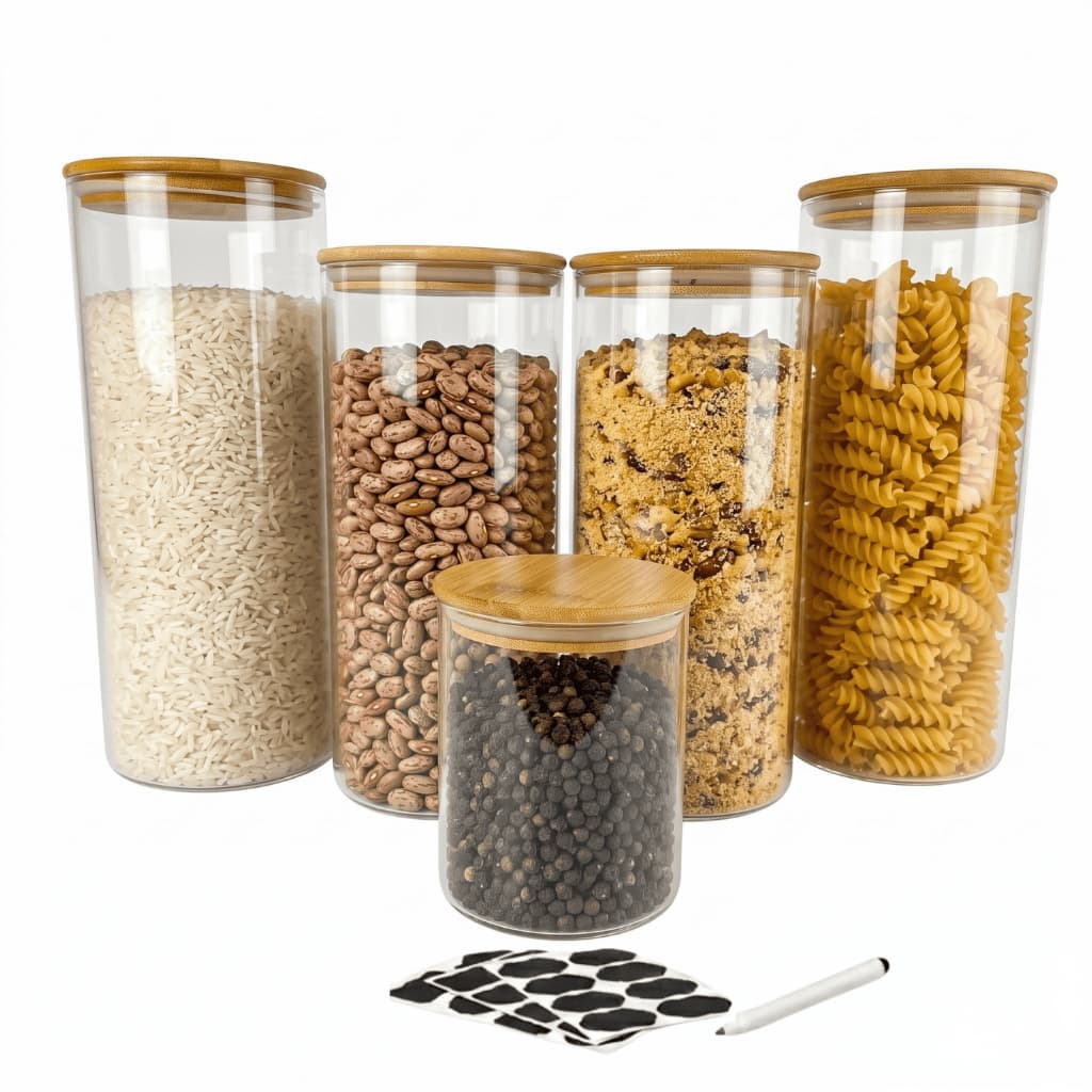 Kit 5 Potes Herméticos Vidro Tampa Bambu Porta Mantimentos Cozinha Armazenamento Organização Premium