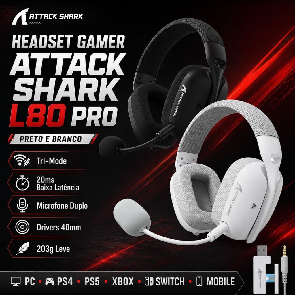 Headset Gamer Attack Shark L80 Pro Sem Fio Tri-Mode Bluetooth 5.3 2.4GHz P2 Microfone Duplo 40mm