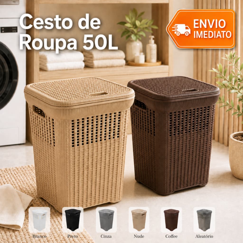 Cesto de Roupas Rattan 50L Ventilado com Tampa Resistente