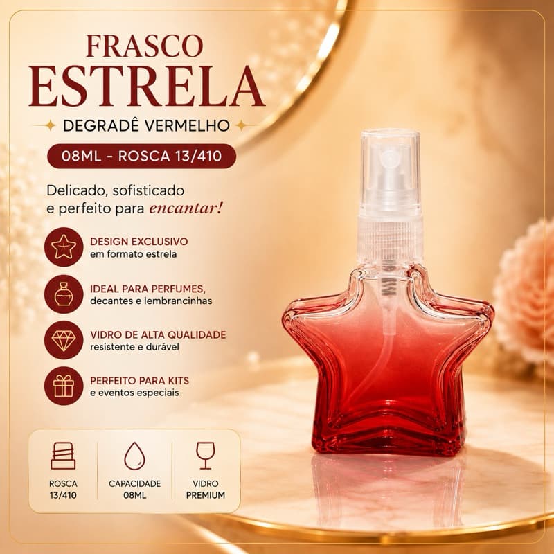Frasco Vazio de Vidro Estrela Degradê Vermelho 08ml com válvula spray transparente R.:13/410 - Unidade