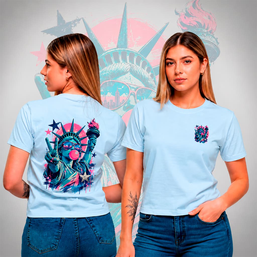 Camiseta Estátua da Liberdade Chiclete New York Feminina 100% Algodão Fofa