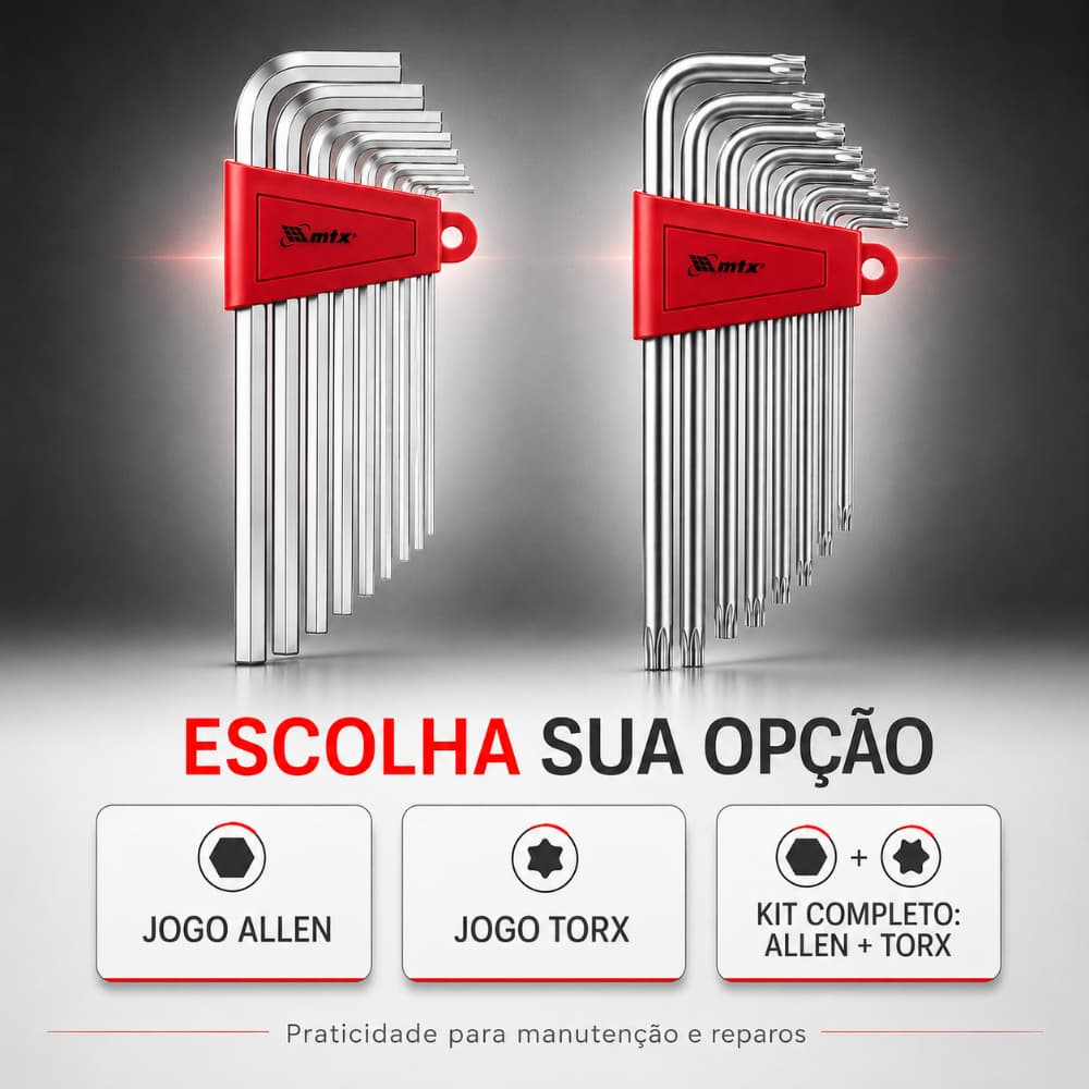 Jogo Chave Allen ou Jogo Chave Torx c/ 18 Peças Cromo Vanádio MTX