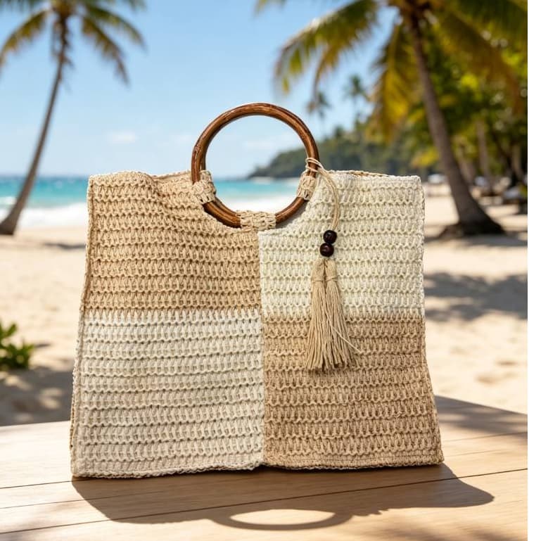 Bolsa tote de fibra tecida feminina, alça circular de bambu, patchwork de tons neutros com pingente de borla, super espa
