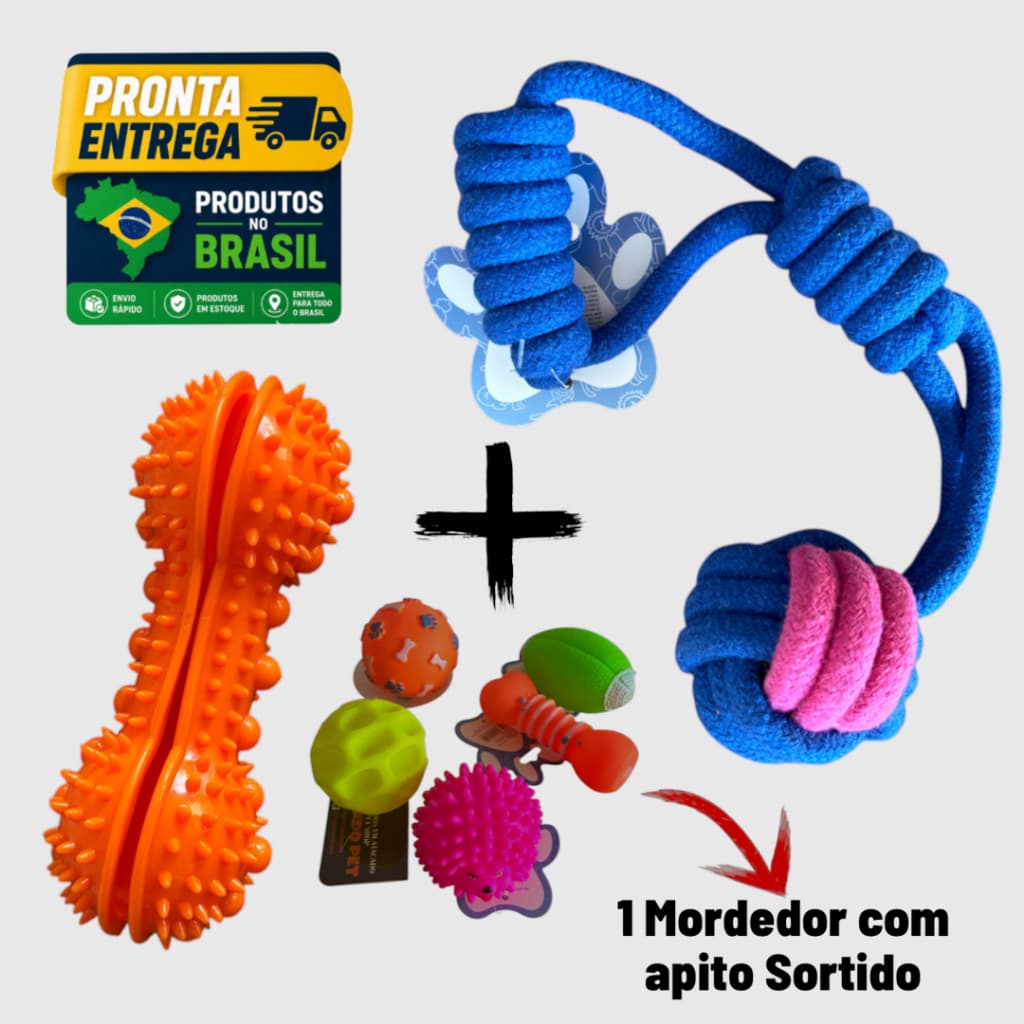 Kit Antiestresse 3 em 1 - Mordedor de Corda Com No + Mordedor Porta Petisco + Mordedor Com Apito Antiestresse