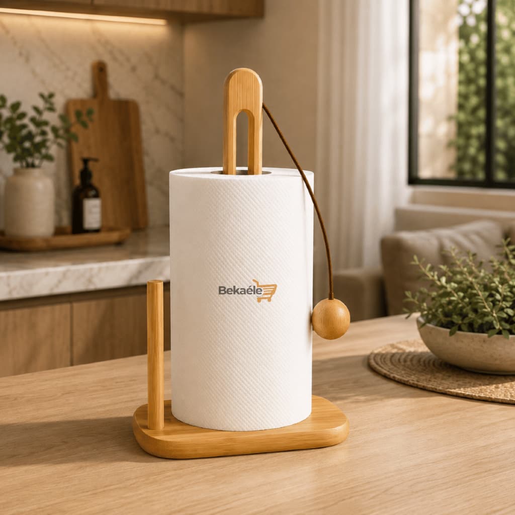 Porta Papel Toalha Bambu Natural Premium – Suporte Organizador para Cozinha, Mesa e Bancada