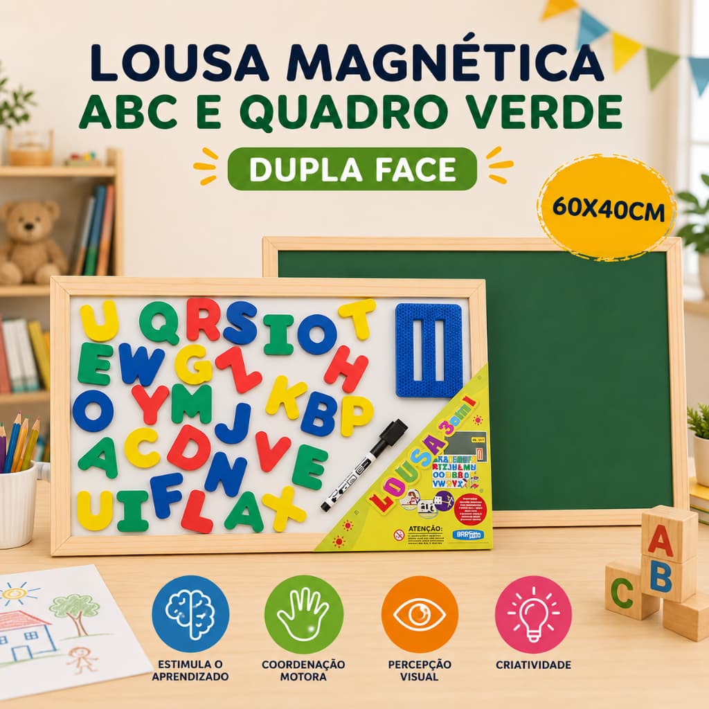 LOUSA BRANCA MAGNETICA ABC E GIZ - DUPLA FACE - 60X40CM - Aprendizado para Crianças Educativo