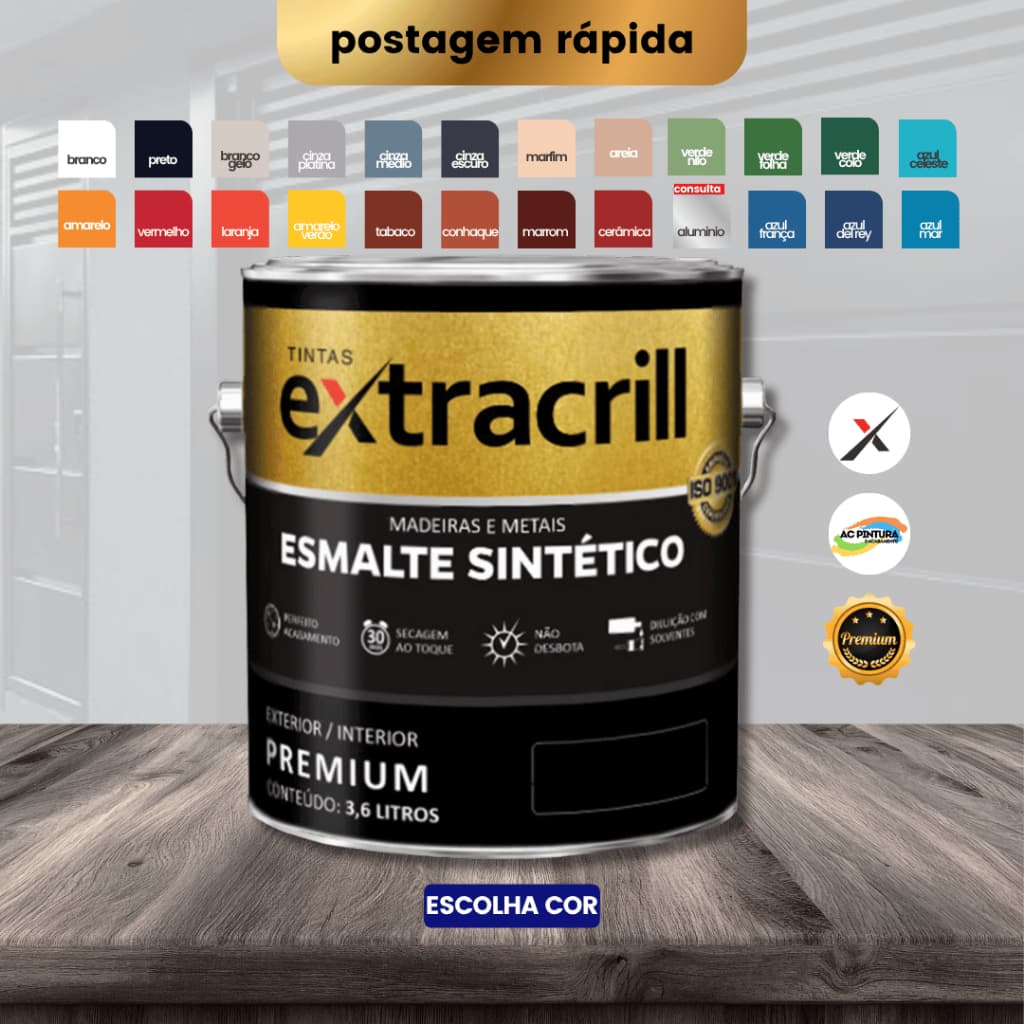 Tinta Esmalte Sintético Premium Extracrill Externo Interno Para Ferro e Madeira Galão 3,6L Escolha Cor
