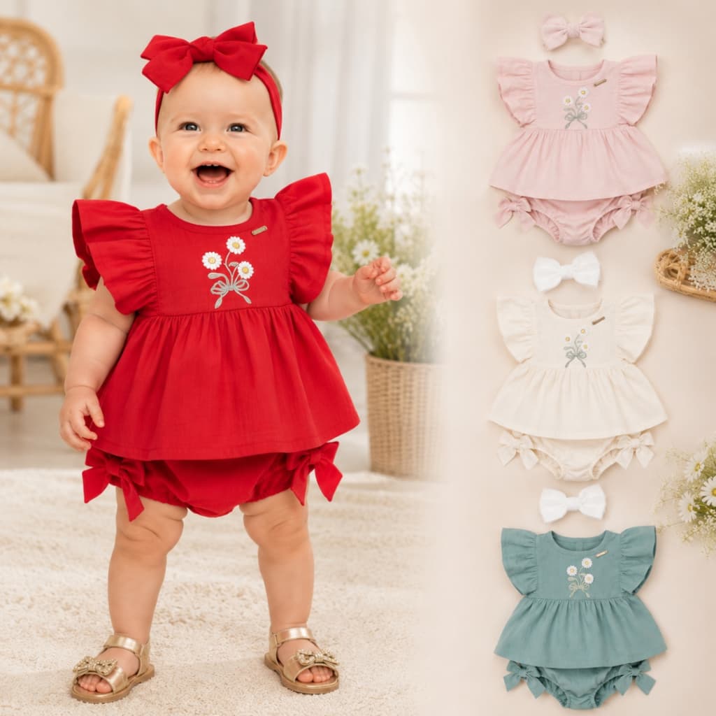Conjunto Para Meninas com Bordado + Calcinha Com Laços Laterais Conjunto Feminino Para Bebes
