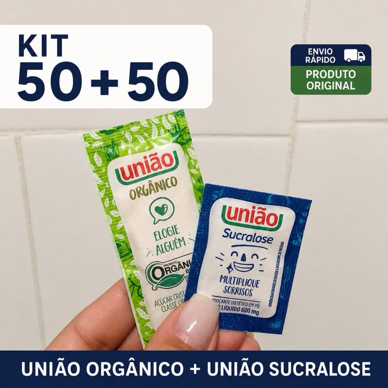 Combo União Sucralose + Açúcar Cristal Orgânico 100 Sachês – 50 Adoçante + 50 Açúcar