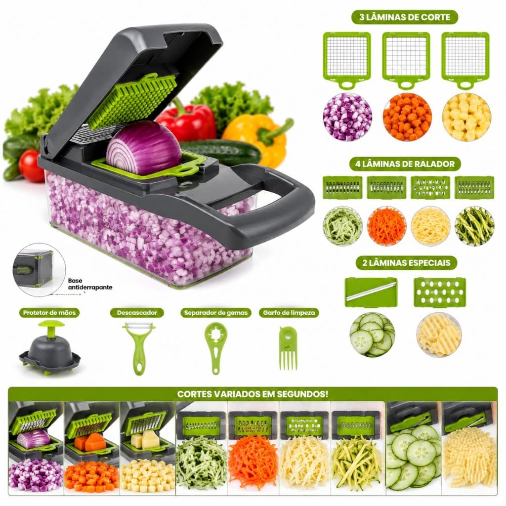 Cortador e Fatiador de Legumes Multifuncional 16 em 1 – Mais Agilidade para sua Cozinha