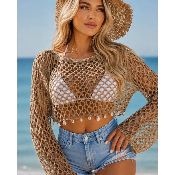 Blusa Saída de Praia Cropped em Tricot  Vazado Manga Longa Flare com Conchas Artesanais Feminina Estilosa  Moda Praia