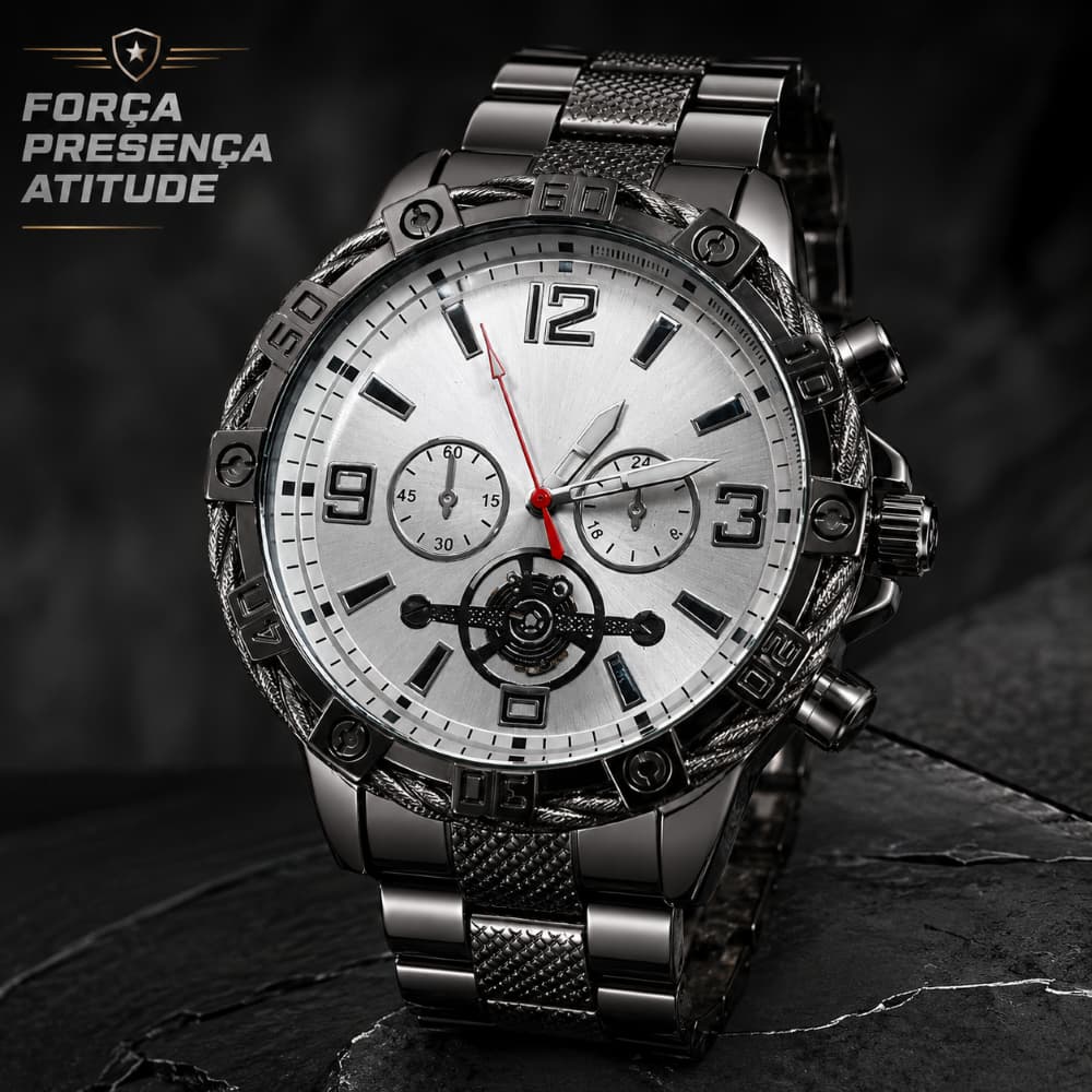 Relógio Masculino Grande Grafite com Pulseira Metálica Mostrador Prata Estilo Esportivo Luxo