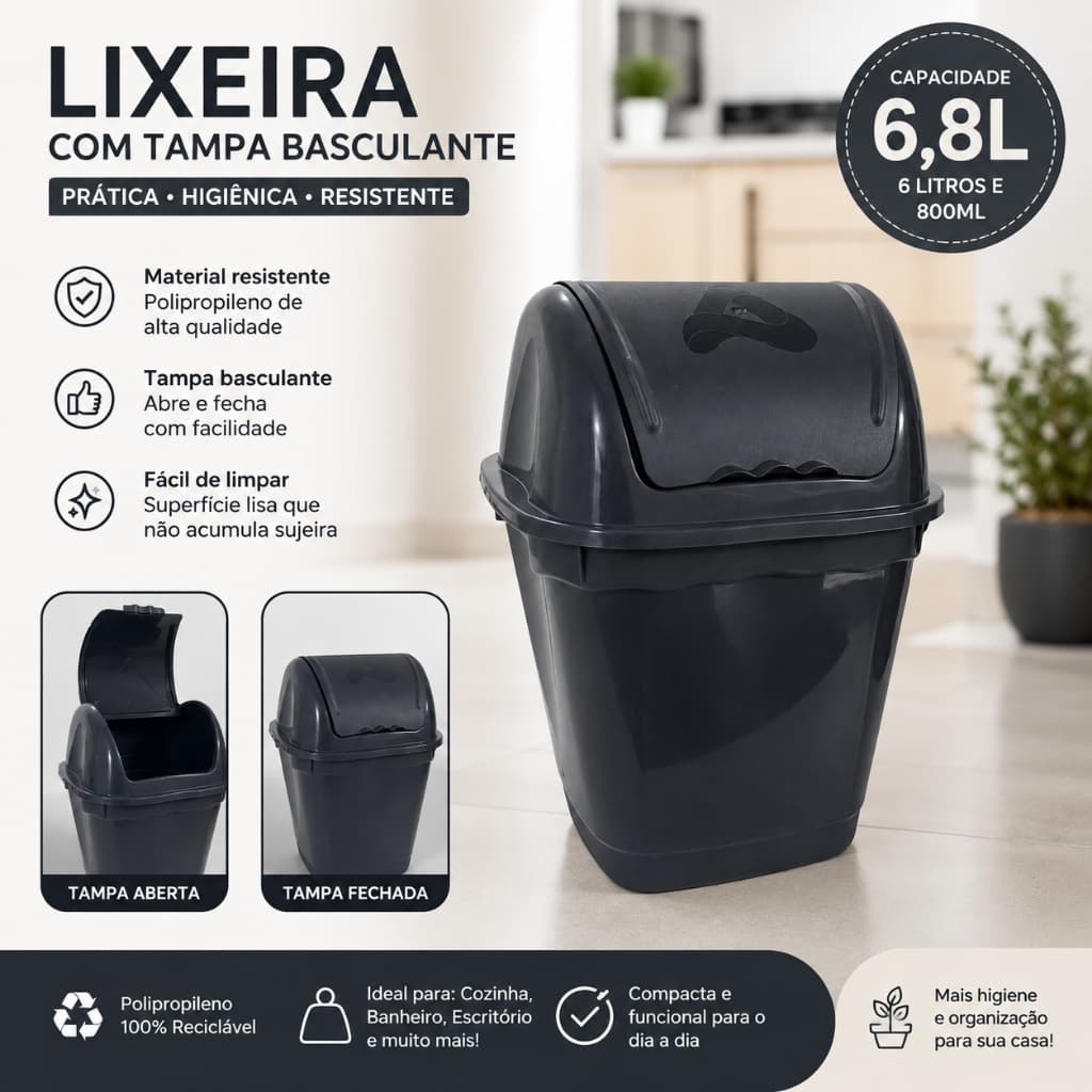 Lixeira com Tampa Basculante 6,8L em Polipropileno Resistente para Cozinha Banheiro Escritório