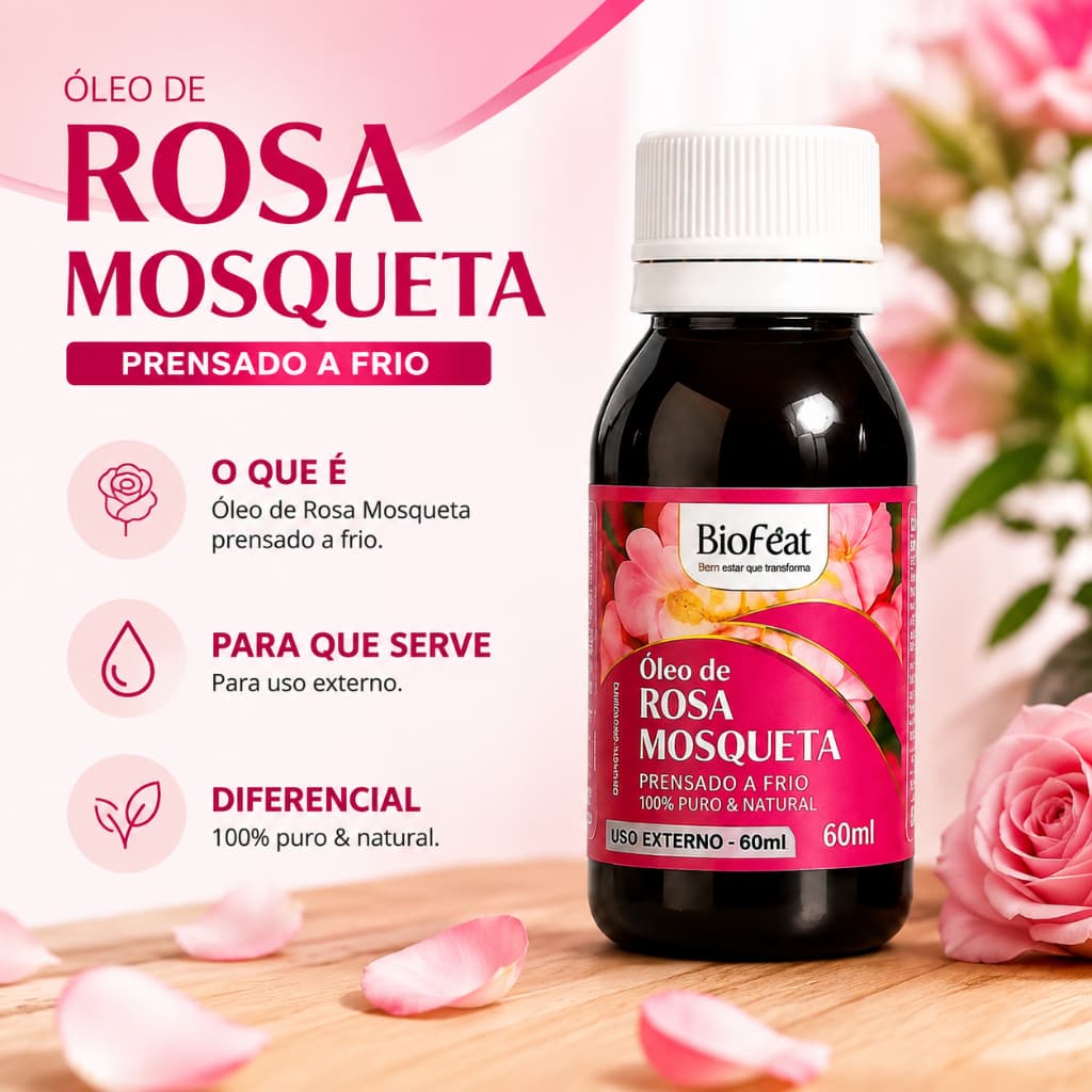 Óleo Vegetal De Rosa Mosqueta BioFeat 60ml 100% Puro Natural Para Todos Tipos De Cabelos