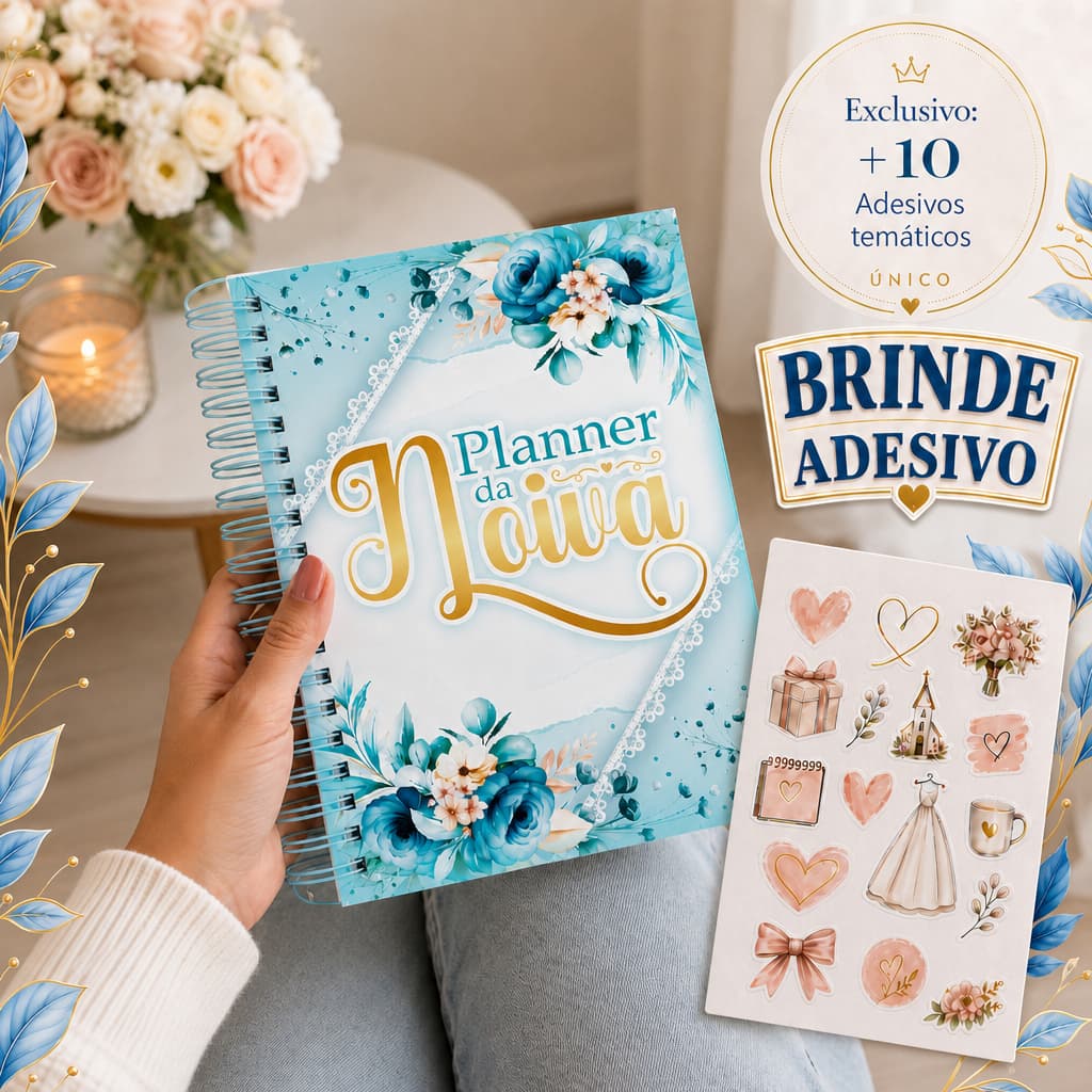Planner da Noiva Azul Serenity dourado Agenda Casamento 298 Páginas Personalizado Checklist Organização A5 c/10 adesivos