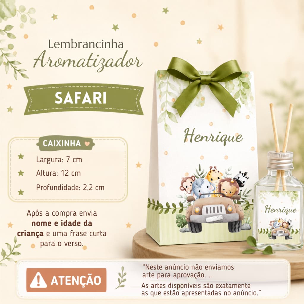 20 Lembrancinha / safari / Caixinha + aromatizador / com nome do seu Bebê