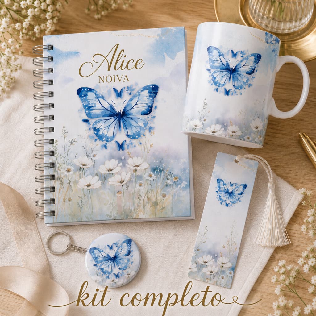 Kit Planner da Noiva Azul Borboleta Agenda Casamento 298 Páginas Personalizado Checklist Organização A5 Caneca