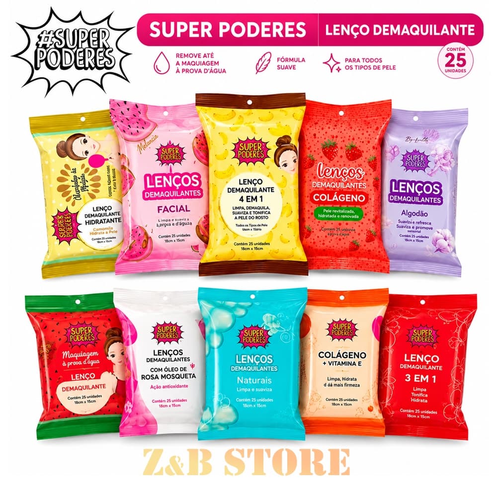 Lenço Facial Demaquilante Super Poderes Kit 1, 2 ou 3 Pacotes com 25 Unidades | Diversas Fragrâncias