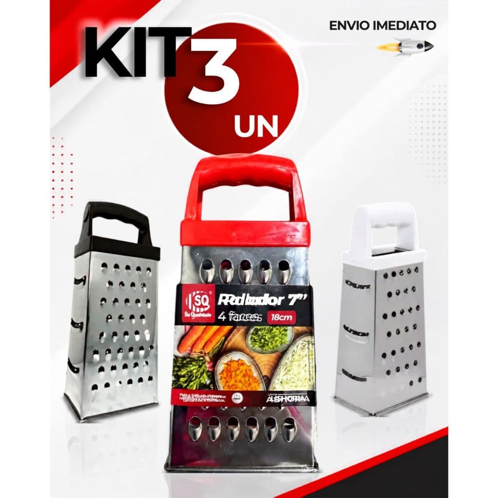Kit 3/2/1 Ralador Inox 18cm 4 FacesPara Queijos Legumes Alho e Verduras Manual Multiuso