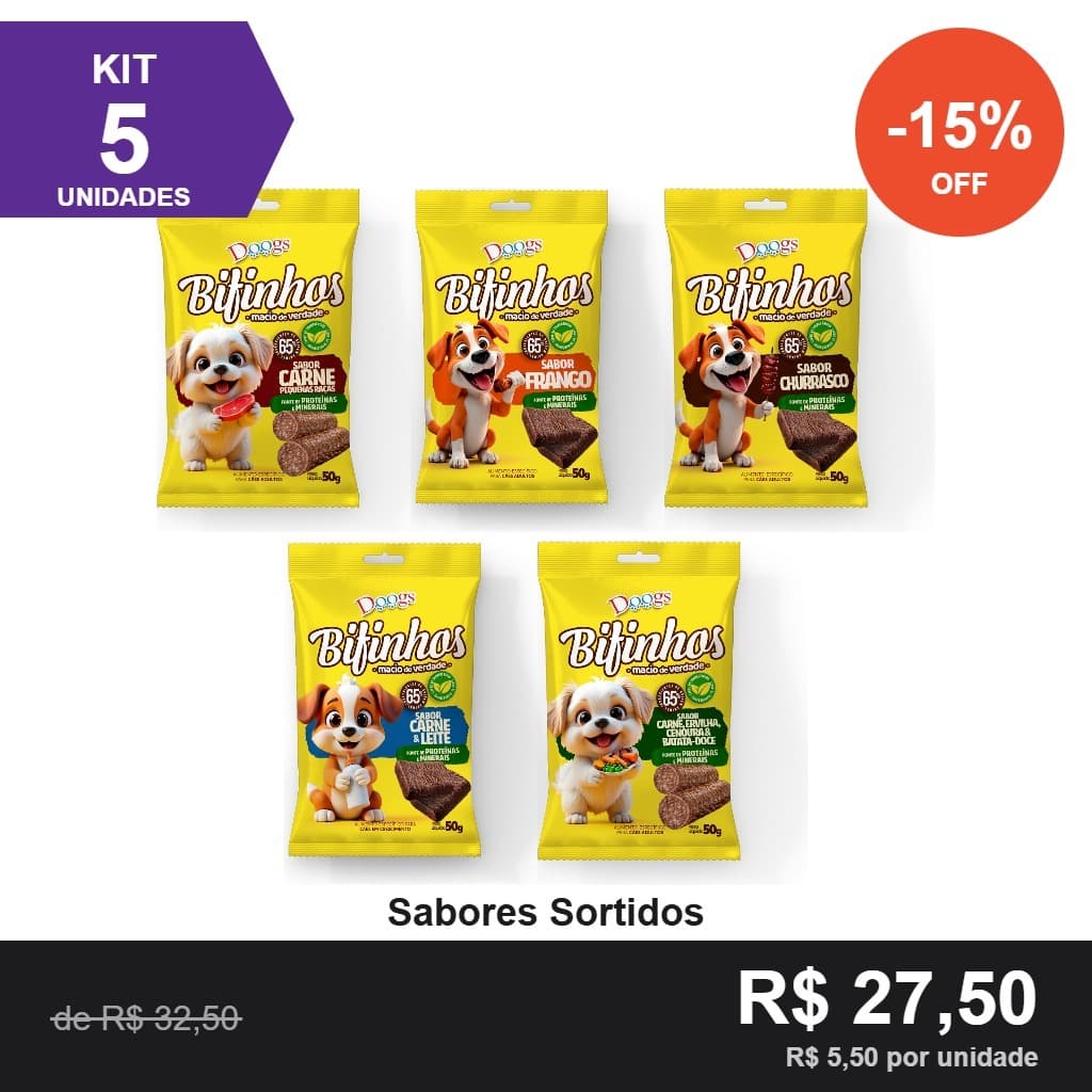 Kit 5 Bifinhos Para Cachorro 50g Sabores Sortidos Petisco Macio Adestramento Caes Adultos Doogs