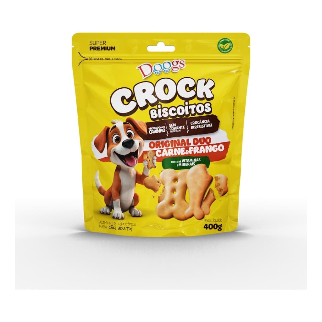 Biscoito Para Cachorro 400g Crock Doogs Duo Carne e Frango Petisco Crocante Caes Adultos Sem Corante