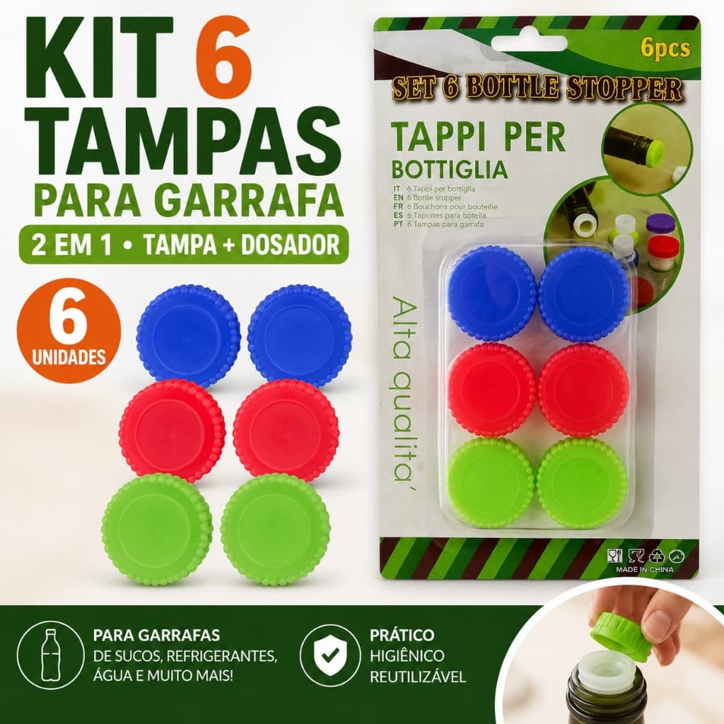 Conjunto De Tampa Dosadora Para Garrafa 2 Em 1 – 6 Unidades Bico e Tampa para Sucos e Bebidas