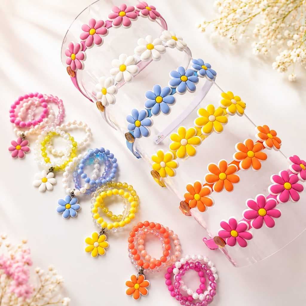 Kit Tiara Arco Flores Jardim Encantado Margarida Cabelo Infantil Pulseiras Coloridas Menina