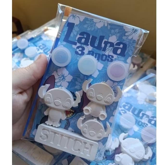 Lembrancinha Kit Gesso para Colorir Infantil Stitch | 4 peças+ 3 tintas + Pincel + Cartão Personalizado
