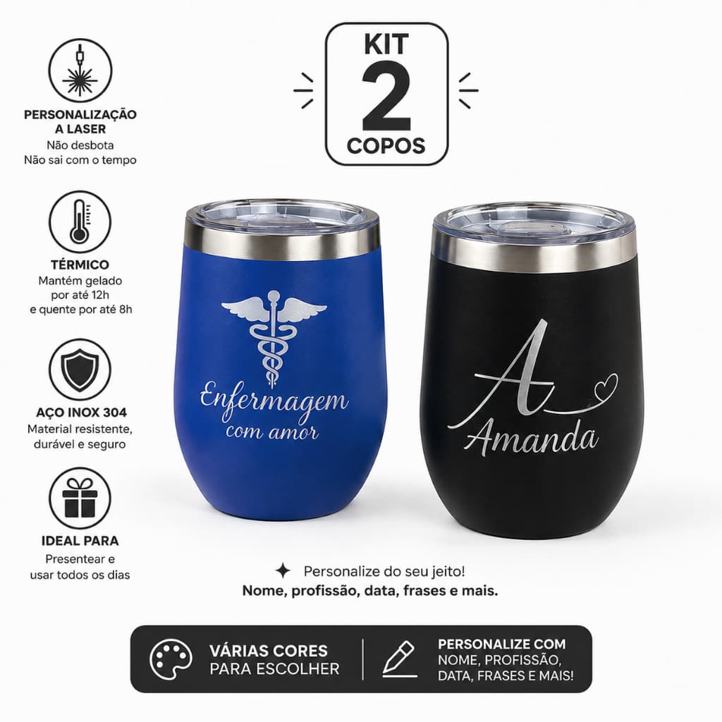Kit 2 Copos Térmicos Cuia Personalizados Nome Logo Gravados a Laser Premium
