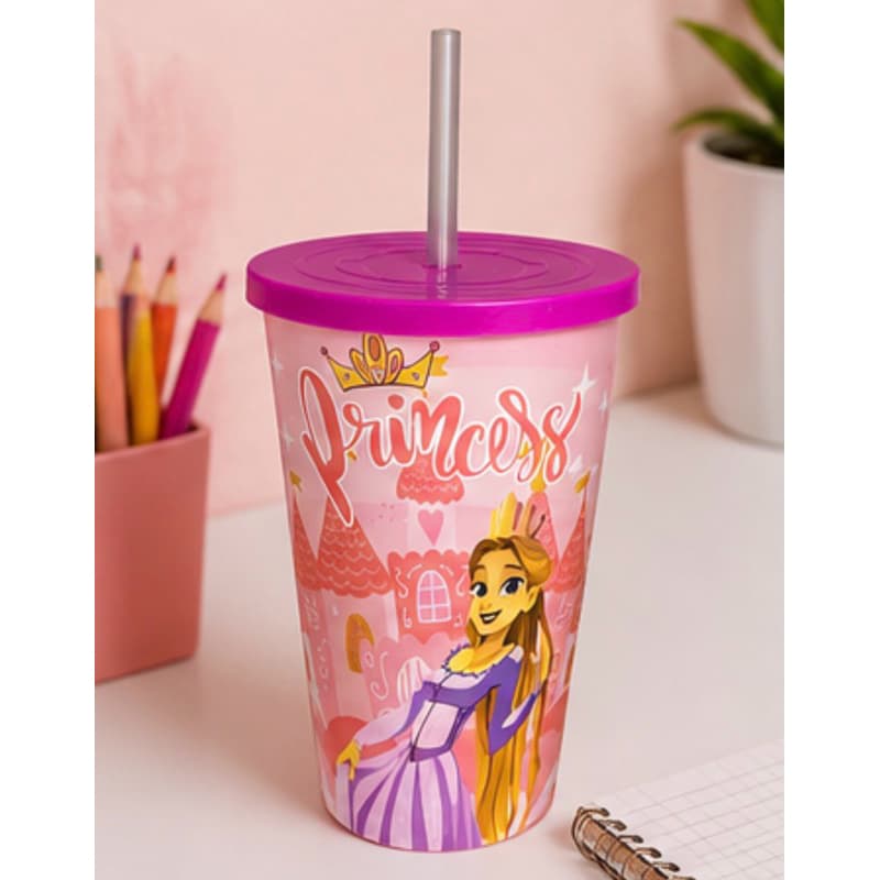 Copo Princesa Rapunzel 550ml com Tampa e Canudo Infantil