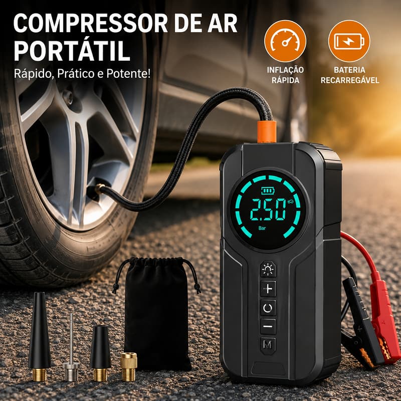 Compressor de Ar Portátil 4 em 1 Inflador Elétrico 8000mAh Power Bank Calibrador para Pneus Carro