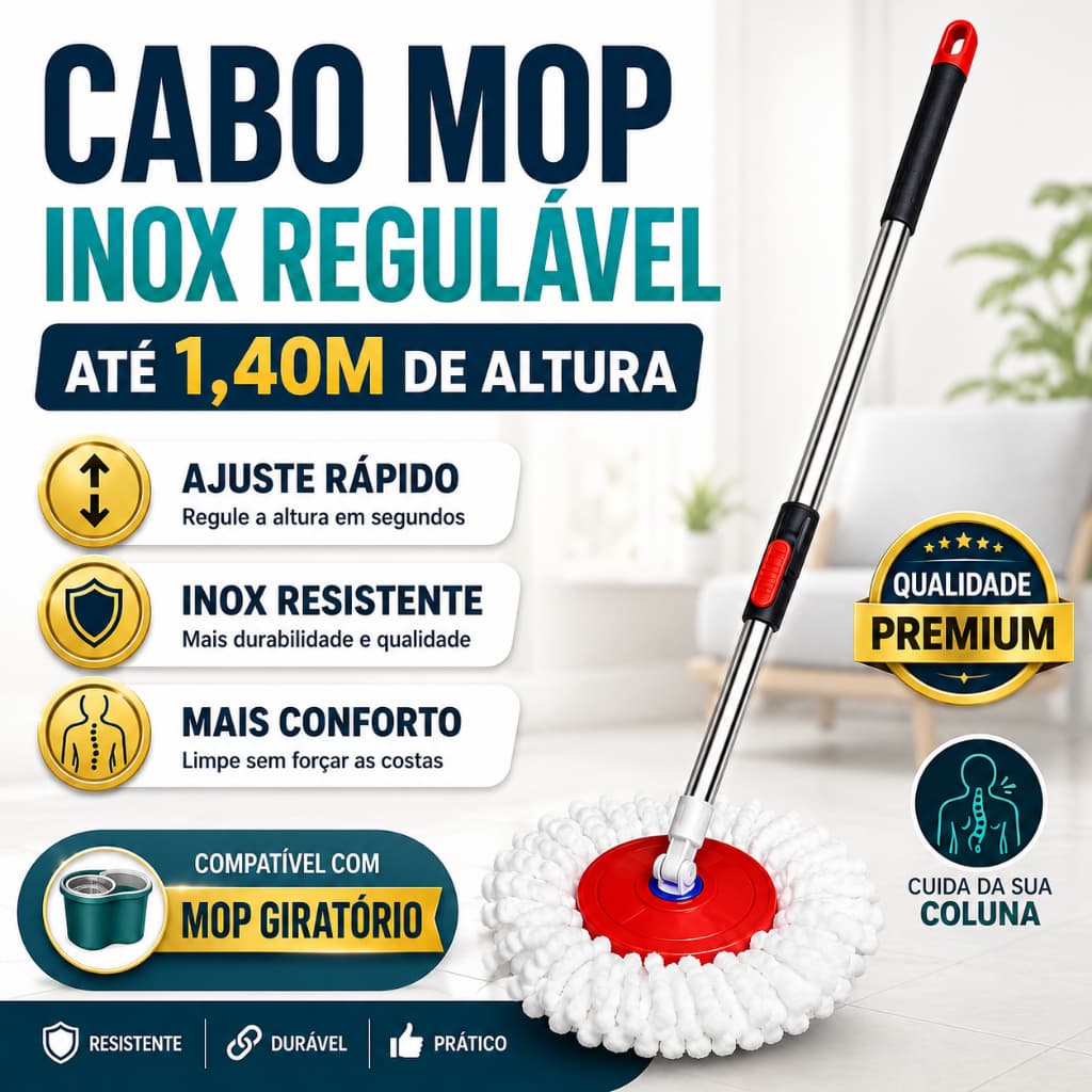 Cabo Mop Giratório 1,40m com Refil Microfibra Cabo Regulável Desmontável Resistente para Limpeza
