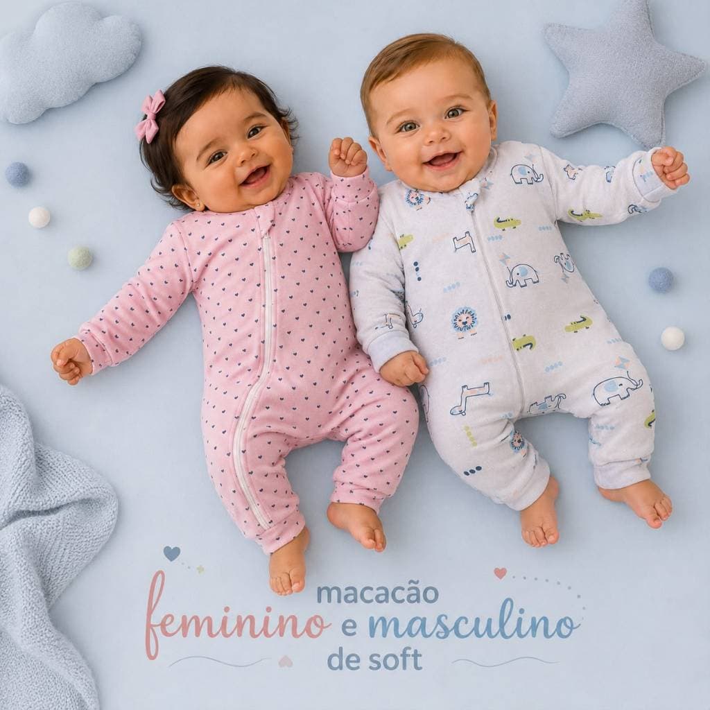 Macacão Bebê Menino e Menina com Zíper Tecido Soft 1 Unidade ou Kit com 3 Unidades Quentinho Estampas Variadas