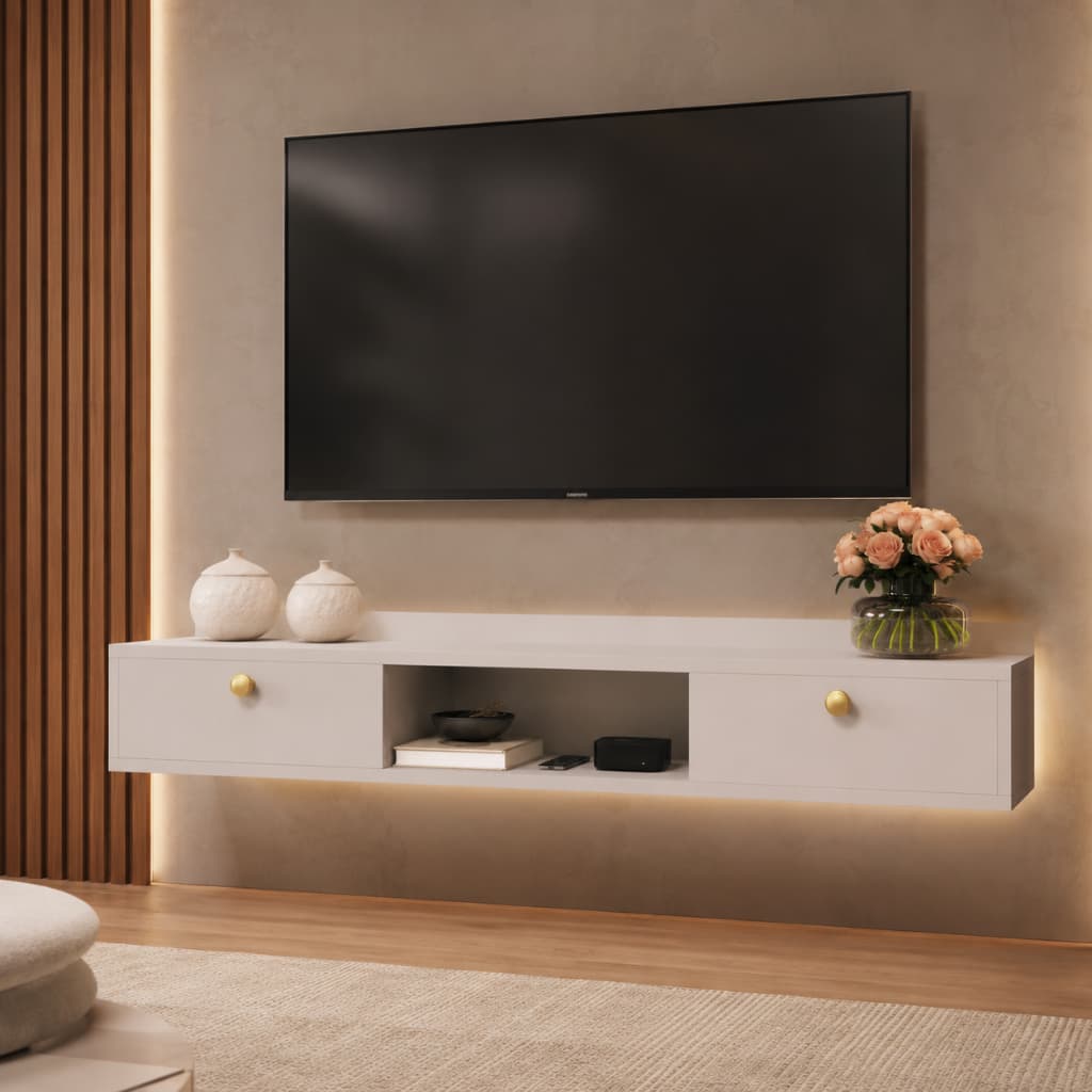 Rack Suspenso Estante Painel Moderno Bancada Para TV Com Duas Portas Nicho Organizador Com Puxadores Elegante