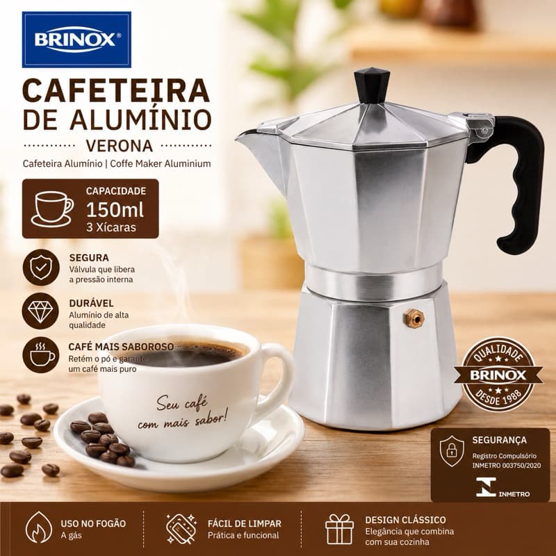 Cafeteira Italiana Brinox Verona 150ml 3 Xícaras Moka de Alumínio para Café