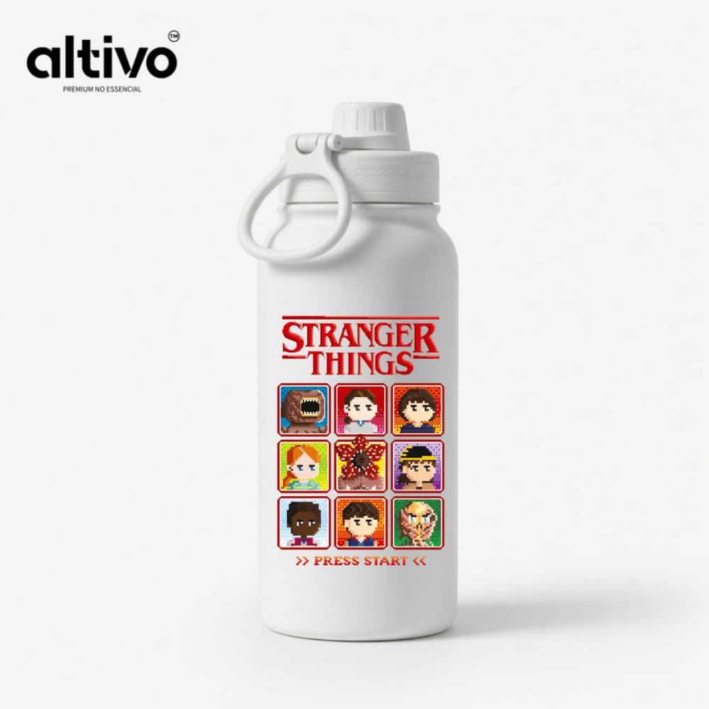 Garrafa Térmica Stranger Things Hawkins 600ML com Tampa Rosqueável e Alça em Aço Inoxidável