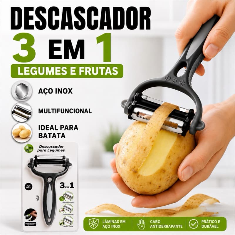 Descascador 3 em 1 para Legumes Frutas Batata Cenoura Aço Inox Multifuncional